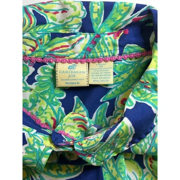 CARIBBEAN JOE Women’s XL Tropical Floral Button Down Blouse Long Sleeve Resort - Picture 2 of 9